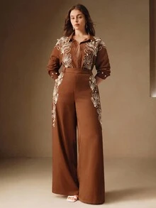 Anewsta 女士优雅高品质刺绣花卉贝壳装饰正式长袖衬衫 - 棕色 - 查看 1