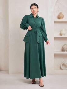 Veilorie Waist Sash Decor Shirt Collar Lantern Sleeve Long Sleeve Women's Long Dress - Green - View 1