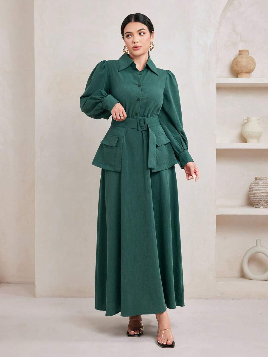 Veilorie Waist Sash Decor Shirt Collar Lantern Sleeve Long Sleeve Women's Long Dress - Green - View 1
