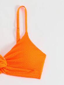 SHEIN Swim 女士紋理轉角前扭結無鋼圈泳衣套裝，適用於夏季海灘 - 橘色 - 查看 5