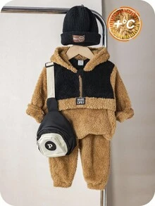 SHEIN 2 pièces/Set Bébé Garçon/Fille Décontracté Mignon Bloc de Couleur Sweat-shirt à Capuche Moelleux et Pantalon de Jogging Ensemble de Survêtement, Vêtements de Bébé Unisexe, Tenue Thermique d'Hiver pour Bébé