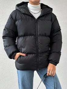 EURMUSE Zip Up Hooded Puffer Coat - Black - View 5