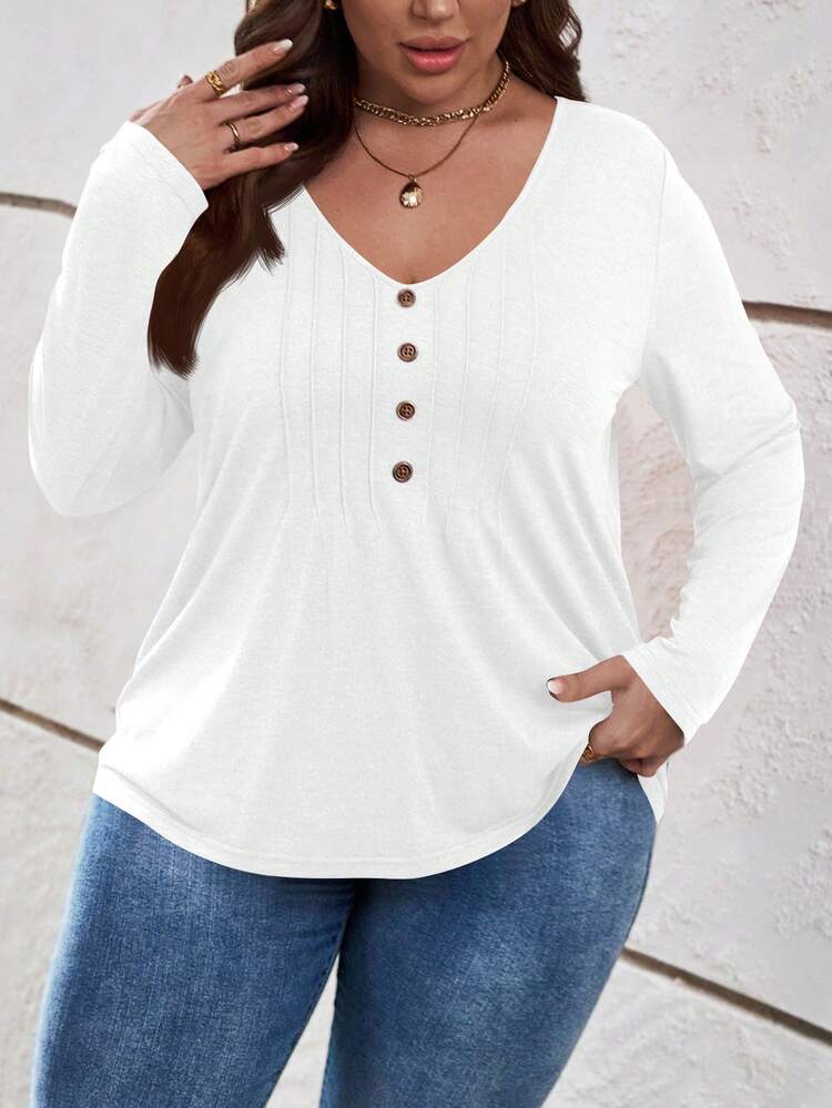 Plus Size Women's Solid Color Button Design V-Neck Long Sleeve Casual T-Shirt Plus Size Ribbed Knit Top Plus Size Long Sleeve Tops Plus Size White Tops For Women Plus Size V-Neck Top Plus Size Casual Tops Plus Size Solid Color Ribbed Knit T Shirt/Fall/Winter