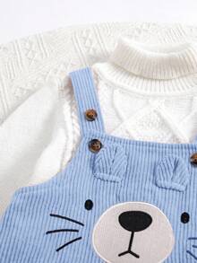 SHEIN Newborn Baby Girl Cute Versatile Corduroy Cartoon Pattern Bib Jumpsuit, Autumn/Winter Fall - Blue - View 7