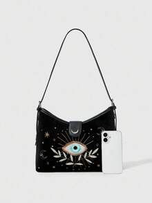 ROMWE Fairycore Women's Casual Shoulder Bag With Eye Embroidery Design, Suitable For Daily Commute - Black - View 10