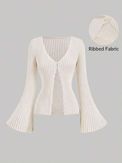 SHEIN MOD Apricot Ribbed Turtleneck Flare Sleeve Cardigan For Women, Autumn-Winter Cardigan Fall Women Sweaters Long Sweater,Long Sleeve Tops