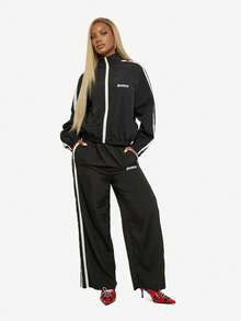 SUMWON WOMEN Women Windbreaker Track Jacket Full Zip Up White Stripe Running Light Weight Stand Collar Casual Outerwear Fall Spring Fashion Streetwear - Black - View 6