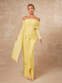 Lumalex Vestido ajustado con hombros descubiertos y lazada para mujer - Amarillo - Ver 2