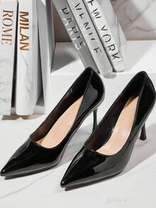 SHUZIA 现代经典女式 4 英寸细高跟尖头素食漆皮黑色高跟鞋 - 永恒优雅，大胆前卫。 - 黑色 - 查看 4