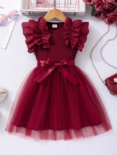Glamorique Kids Young Girl' Cap Sleeve Ribbed Mesh Round Neck Summer Princess Casual Dress With Belt  Princess  Halloween/Christmas Party Dresses For  Vacation  Autumn And Winter