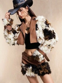 Easelle 女士时尚人造毛皮和 PU 撞色短款飞行员夹克