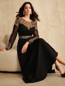 Anewsta 女士复古时尚假日套装，串珠亮片刺绣优雅派对连衣裙，适合秋季、冬季、新年、派对、婚礼等场合。 - 黑色 - 查看 6