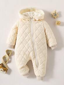 SHEIN Playful Pals Infant Boys' Warm Diamond Pattern Hooded Zip-Up Fleece Jumpsuit, Comfortable Outfit For Autumn/Winter Fall
