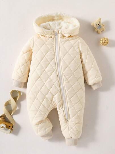 SHEIN Playful Pals Infant Boys' Warm Diamond Pattern Hooded Zip-Up Fleece Jumpsuit, Comfortable Outfit For Autumn/Winter Fall