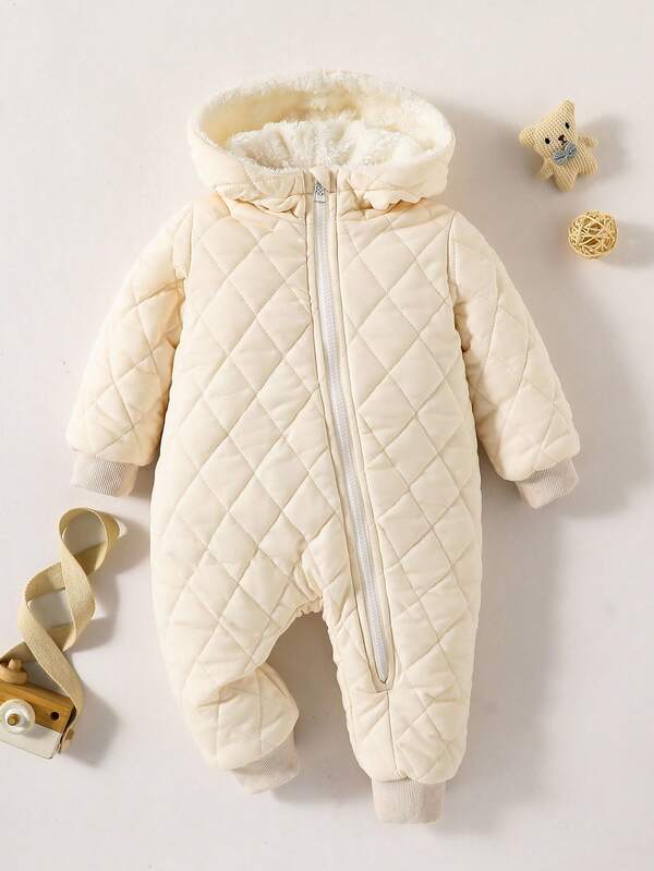 SHEIN Playful Pals Infant Boys' Warm Diamond Pattern Hooded Zip-Up Fleece Jumpsuit, Comfortable Outfit For Autumn/Winter Fall