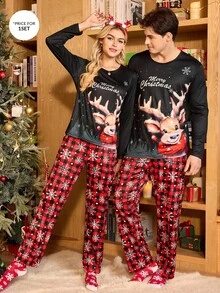 CoupledUp 情侣款圣诞休闲长袖睡衣套装，鹿纹格子雪花图案，适合秋冬季穿着，圣诞睡衣套装，情侣款圣诞睡衣，圣诞睡衣，圣诞服装 - 黑色 - 查看 6