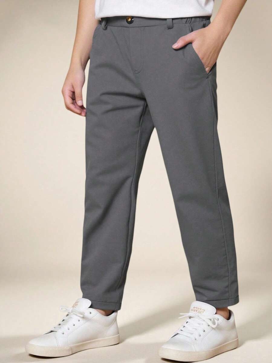 SHEIN Young Boy's Casual Comfortable Solid Color Pants - With Single Button Decor, Slanted Pockets, Elastic Waist Design, Suitable For Daily Wear, Travel, Parties And Festivals, Fashion Versatile, School, Campus, College,ChicAutumn,Halloween, Christmas Fall Winter - Dark Grey - View 1