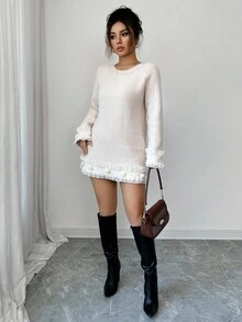 SHEIN Elenzya Women's Lace Patchwork Faux Pearl Collar Raglan Sleeve Sweater - Apricot - View 6