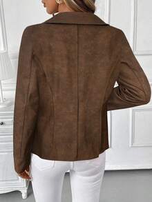 SHEIN Clasi Women's Faux Deer Suede Lapel Waist Drawstring Casual Long Sleeve Jacket In Fall/Winter - Coffee Brown - View 2