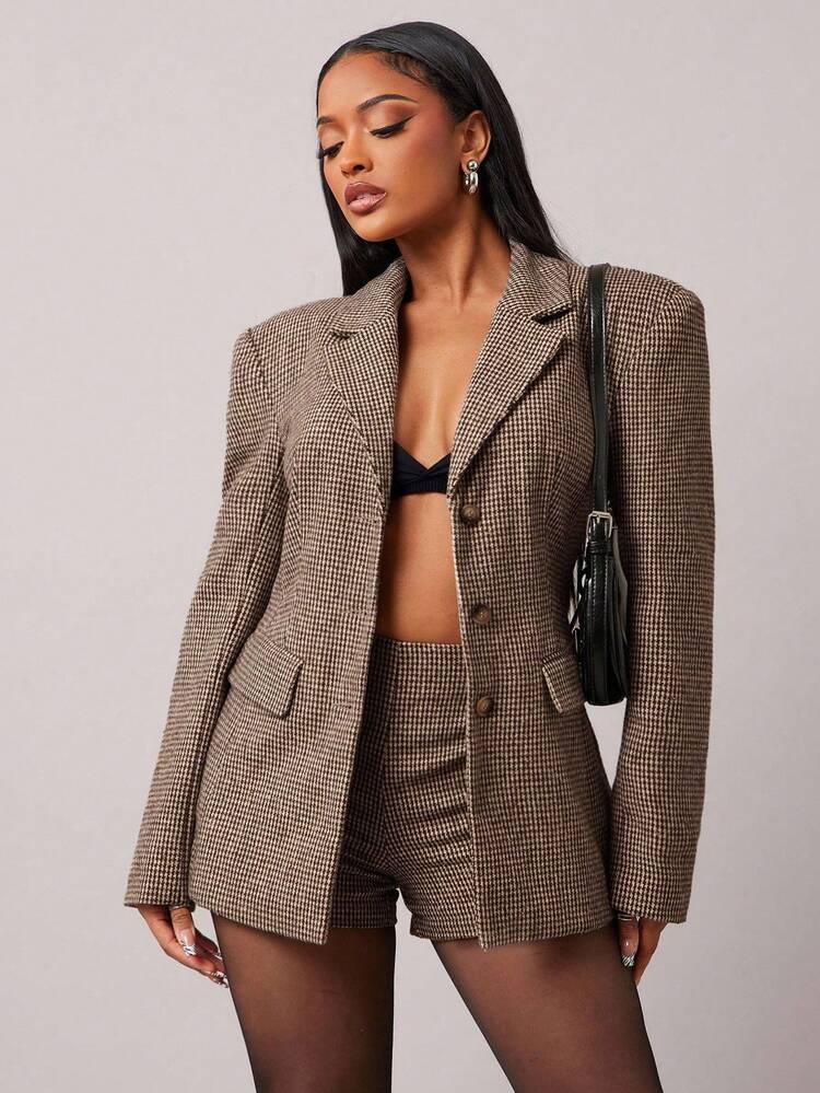 Radiana Set di abito in lana a quadri marroni retrò chic da donna, include blazer aderente + pantaloncini vita bassa (con spalline), 2 pezzi per autunno/inverno - Castano - Visualizzare 1