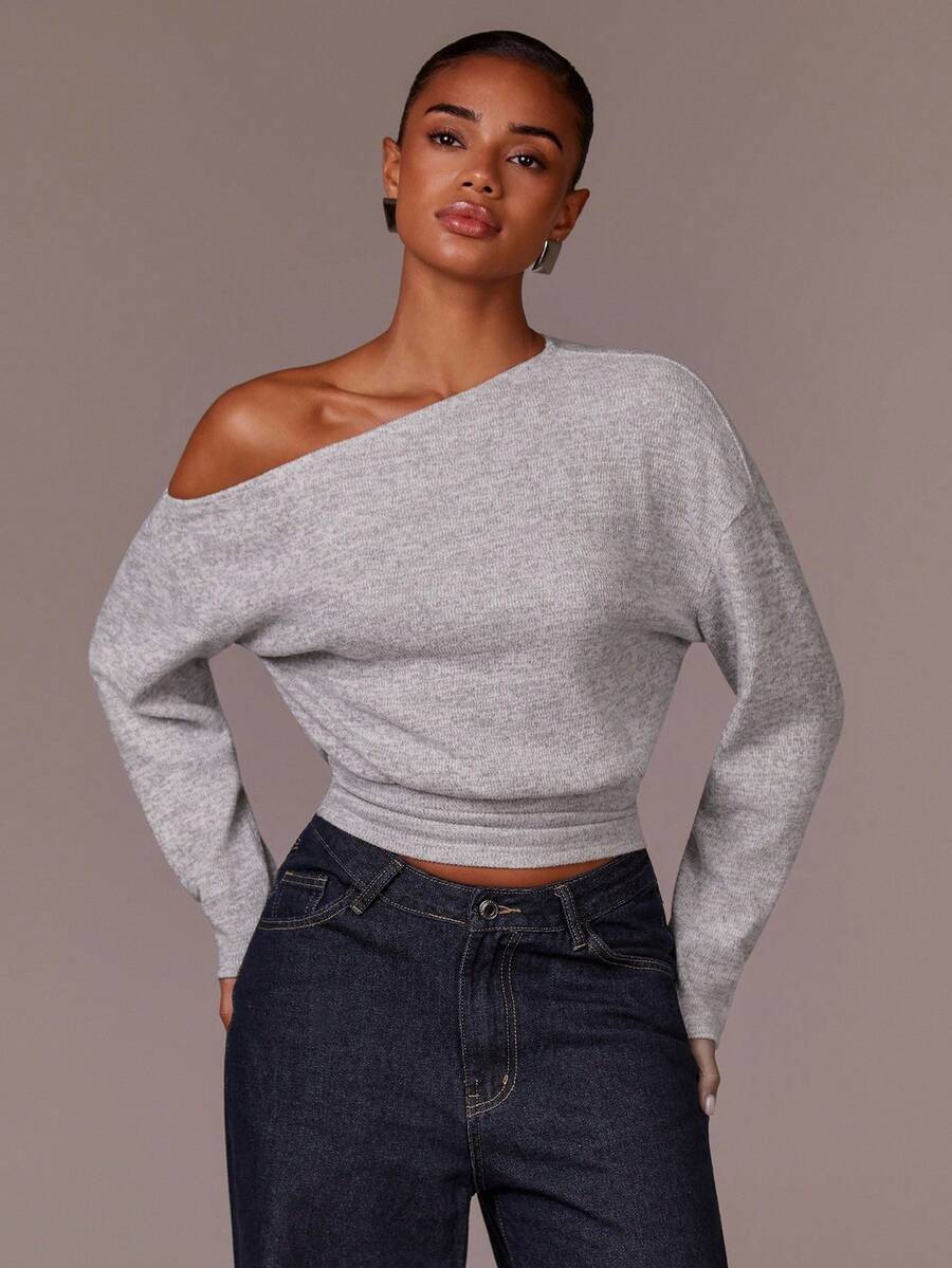Athîral Women's Light Gray Knit Asymmetric Off-Shoulder Top | Relaxed Fit With Waist-Defining Silhouette & Stretch Fabric For Korean-Inspired Minimalist Style (Office/Brunch/Urban Outings)Korean Fashion,Off Shoulder Top,Minimalist Style,Stretch Knit,Asymmetric Neckline ,Comfort Wear,Autumn Outfits For Women,Autumn/Winte - Grey - View 1