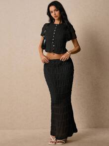 Poéselle Bộ 2 món áo cánh xếp ly bằng vải voan và chân váy dài cho nữ - màu đen - Xem 4