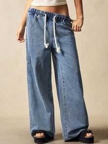 Bohemela Casual Solid Color Woven Denim Loose Pants - Blue - View 2