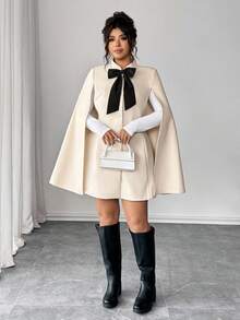 Elenzga 大码女式时尚休闲法式复古优雅珍珠纽扣撞色蝴蝶结斗篷外套，适合教堂、毕业典礼等特殊场合，秋冬季节穿着