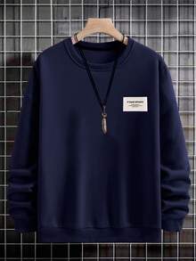 RueChic 男士休闲字母图案圆领运动衫，秋冬 - 藏蓝色 - 查看 3