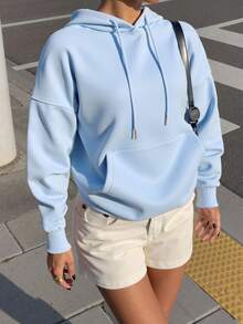 SHEIN 标语图案落肩抽绳保暖连帽套头衫（秋季款） - 淺藍色 - 查看 6