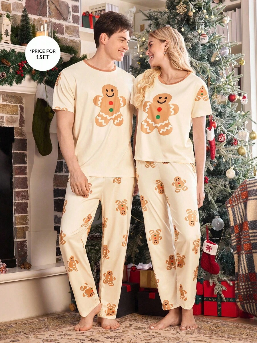 CoupledUp Gingerbread Man Print Contrast Color Pullover Short Sleeve Pajama Set,Men Couple Matching Christmas Pjs,Rainbow,Summer,Cute,Lounge Pajamas - Multicolor - View 1