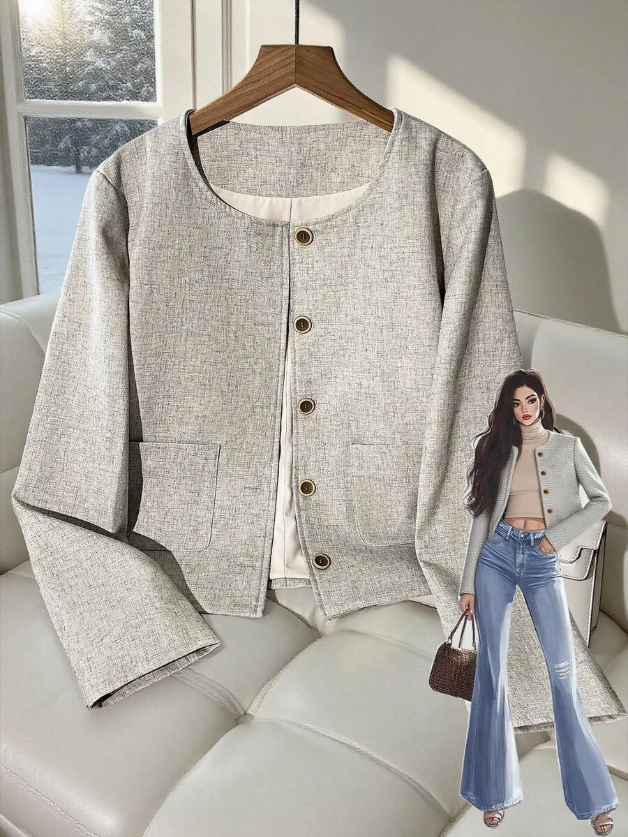 Franclia Women's Casual Fashion Loose Fit Round Neck Regular Jacket, Versatile & Minimalist, Autumn/Winter Fall Cloth For Women