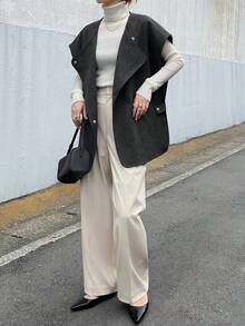 FRIFUL Women's Solid Dark Grey Lapel Sleeveless Cinched Waist Waist Slit Side Casual Versatile Woolen Autumn Dress Jacket Women Coats - Grey - View 2