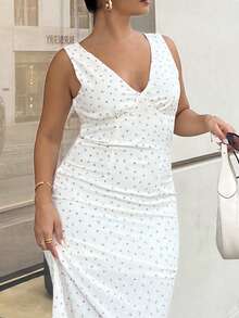 NegzBox Váy dài chữ A cổ chữ V họa tiết hoa nhỏ xinh xắn - trắng - Xem 3