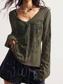 Bohemela Lässiges, locker sitzendes Langarm-Oversize-T-Shirt für Damen in Große Größen, Streetwear - Armeegrün - Übersicht 8