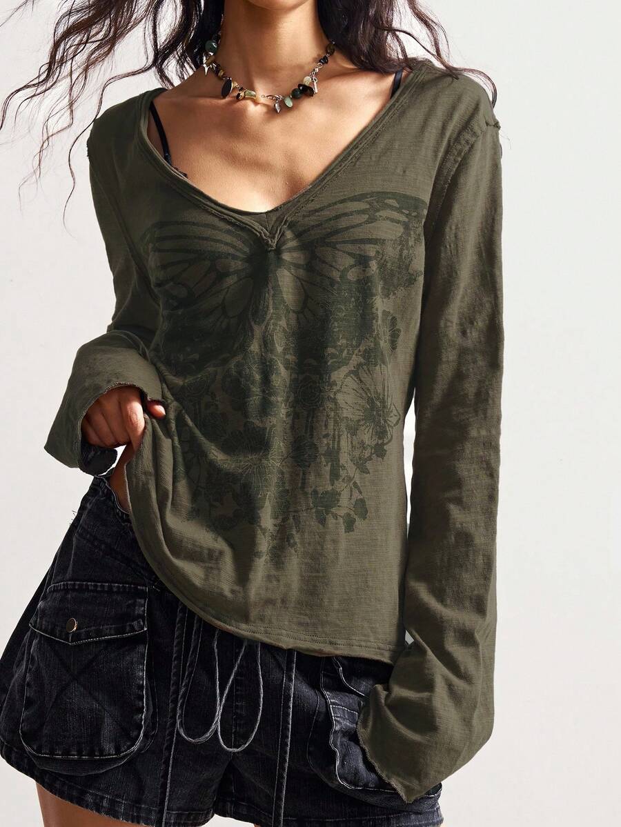 SHEIN BohoFeels Women's Solid Color Fitted Washed Long Sleeve V-Neck Knit T-Shirt, Casual - Army Green - View 1