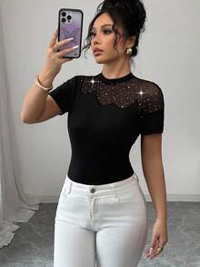 Elenzga Women's Summer Elastic Fitted Crewneck Short Sleeve T-Shirt With Sequins, Mesh Splicing, And Hollow Design, Sexy And Fashionable Casual - Black - View 6