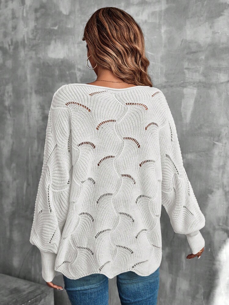EMERY ROSE 女士纯色圆领长袖镂空宽松休闲套头衫，秋季 - 白色 - 查看 2