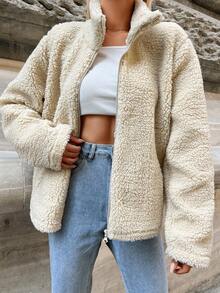 EURMUSE 拉链落肩泰迪外套，女士春秋休闲口袋，拉链落肩漏斗领常规版型米色纯色女士外套，休闲日常穿着 - 米色 - 查看 6