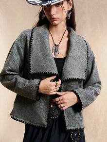 Easelle Women's Gray Casual Dropped Shoulder Floral Trim Jacket, Autumn And Winter Overcoat Gray Contrast Edge Autumn And Winter Retro - Grey - View 3