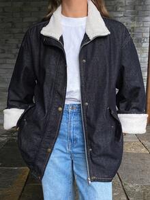 DAZY 女式秋冬羊羔绒拼布休闲宽松牛仔夹克和外套 - 深色水洗藍 - 查看 2