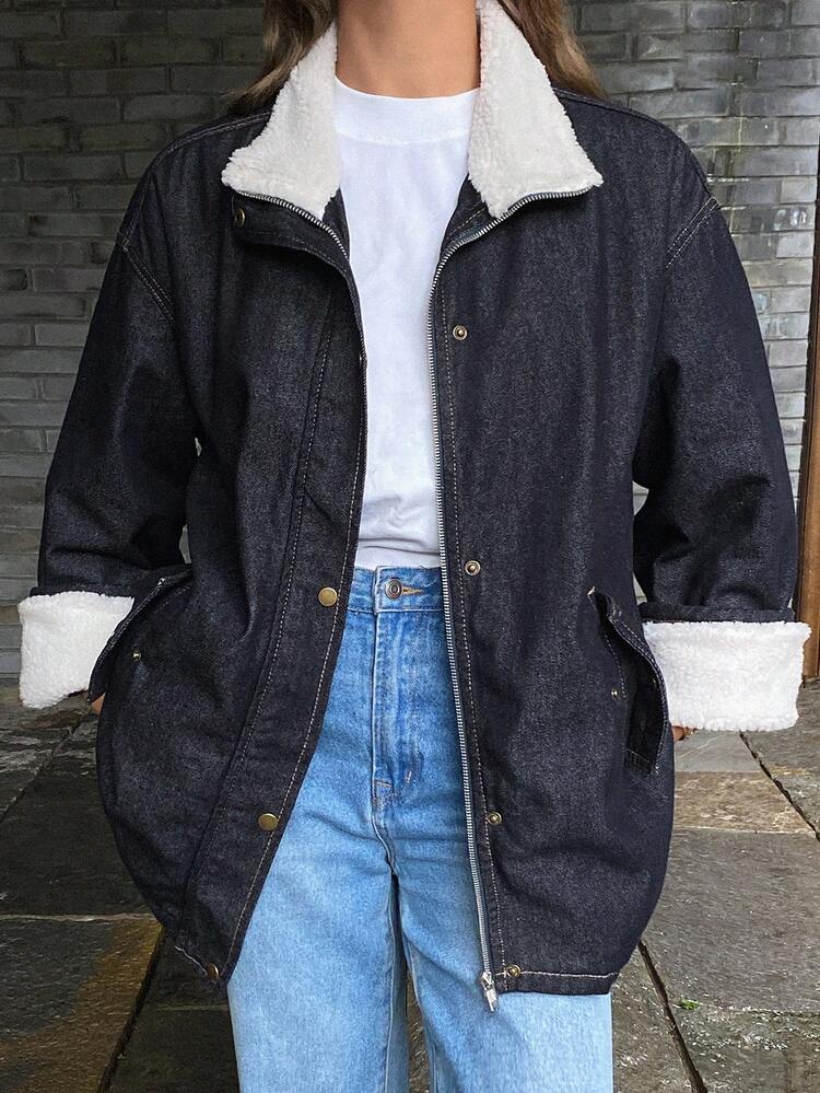 DAZY Chaqueta y abrigo de mezclilla casual y holgado con parches de sherpa para mujer en otoño/invierno - Azul lavado oscuro - Añade 2