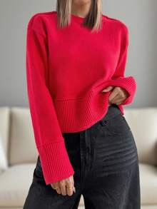 SHEIN LUNE 简约宽松纯色红色罗纹针织圆领毛衣 - 紅色 - 查看 3