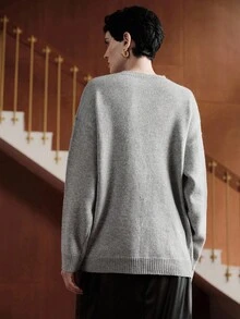 Uhlyne Uhlyne Minimalist Grey Knitted Women Sweater, Long Sleeve Crew Neck, Simple Commuting Fashion Office Church Wedding Party Comfortable Teacher Sweater With Rhinestones, Autumn/Winter