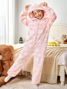 SHEIN Tween Girl Cute Bear Ear Hooded Star & Moon Print Cozy Fleece Pajamas, Pink - Baby Pink - View 2