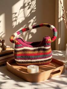 Joivida 彩虹条纹托特包和单肩包，蓬松百搭毛绒针织包，透气、轻便、可折叠、便携，用于存放手机、雨伞、化妆品、口红、香水、书籍、iPad、衣服，女士手提包适合日常使用、节日、上学、通勤、购物、工作、拍照、郊游、露营、跑步、母亲节送给女性的礼物 - 彩色 - 查看 4