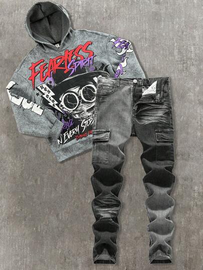 SHEIN Tween Boy Fashion Casual Y2k Vintage Cool Street Returns To School College Black And Grey Gradient Washable And Workwear Pocket Design Stretch Skinny Jeans For Soft Dailywear And Winter And Fall Rave Festival And Streetwear School