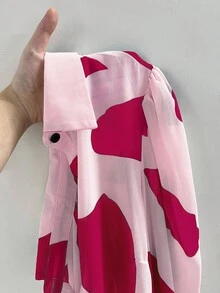 INAWLY 女士几何印花灯笼袖单排扣时尚衬衫 - 玫紅色 - 查看 7