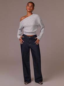 Athîral Women's Light Gray Knit Asymmetric Off-Shoulder Top | Relaxed Fit With Waist-Defining Silhouette & Stretch Fabric For Korean-Inspired Minimalist Style (Office/Brunch/Urban Outings)Korean Fashion,Off Shoulder Top,Minimalist Style,Stretch Knit,Asymmetric Neckline ,Comfort Wear,Autumn Outfits For Women,Autumn/Winte - Grey - View 4