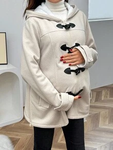 SHEIN 孕妇秋冬喇叭纽扣前长袖连帽羊毛三合一夹克 - 卡其色 - 查看 5